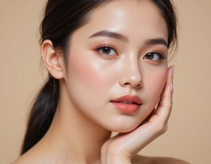 Obraz premium Close-up of a pretty Asian girl with a flawless, radiant face