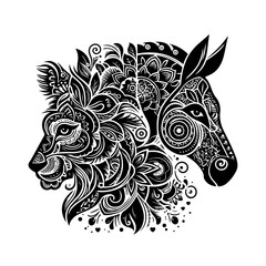 Black and white tribal floral animal head design