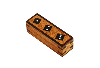Old wooden rectangular box with dominoes. Transparent background.