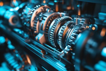 Close up of gears and engine components in an automotive machine showcasing blue tones