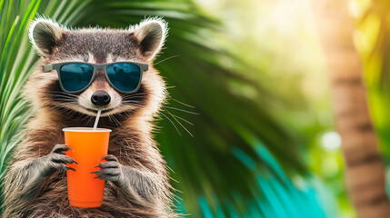 portrait of a cute raccoon in sunglasses with a cup of drink in hand.