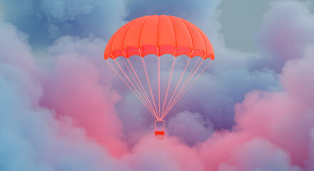 Fototapeta premium Vivid Parachute Gliding Through Dreamlike Pastel Clouds, Surreal Art