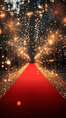 Sparkling red carpet event at night with fireworks and bokeh lights creating a festive atmosphere