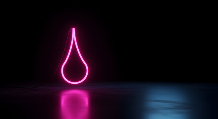 Illuminated magenta drop-shaped neon light stands in a dark abstract space
