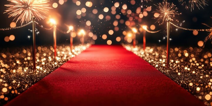 Elegant red carpet lined with sparkling lights and fireworks at a glamorous event celebration