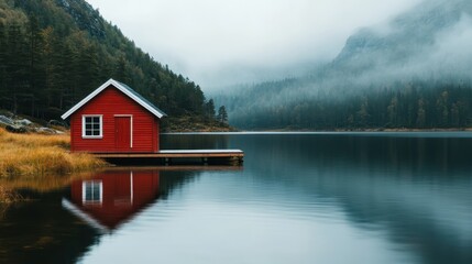 Fototapeta premium A striking red house on the water's edge is enveloped by misty mountains, embodying a serene and ethereal atmosphere in harmonious nature.