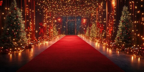 Magical holiday pathway adorned with lights, festive decorations, and evergreen trees during evening celebration