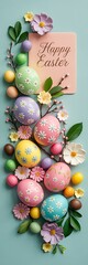 Fototapeta premium Elegant Pastel Easter Eggs Decorated with Delicate Floral Designs Arranged on Soft Peach Background with Chocolate Candies Green Leaves Spring Flowers Perfect for Easter Holiday Visuals Background