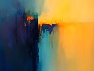 Abstract Oil Painting: Dark Blue to Golden Yellow Canvas Texture