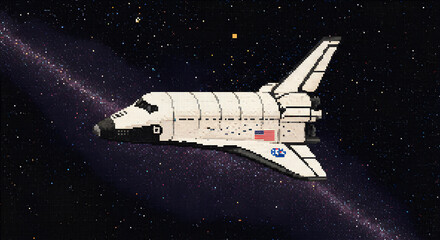 Nostalgic pixel art depiction of space shuttle journey through the cosmos