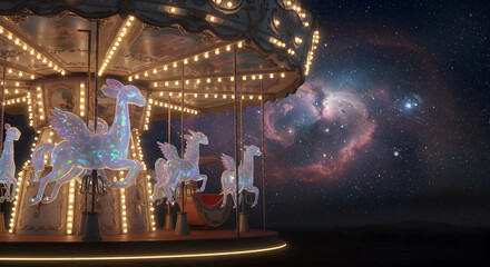 Magical Carousel with Holographic Pegasus Against the Cosmic Nebula Backdrop