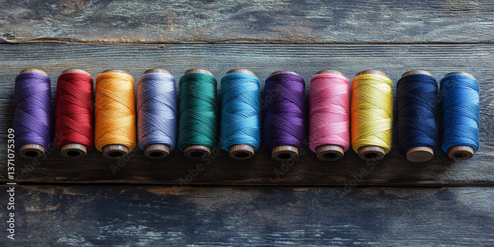 Poster row of colorful thread spools on rustic wood background, showcasing vibrant hues and textile craft, 