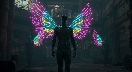Cyberpunk angels: Neon wings glowing against a dystopian industrial backdrop