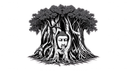 Meditative buddha amidst ancient trees nature scene serene environment artistic view