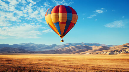 Naklejka premium Colorful hot air balloon in desert field, clear sky. travel photo. Crystalline Air. Illustration