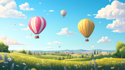Naklejka premium Hot air balloons floating over a summer landscape, with green fields and clear skies. Crystalline Air. Illustration