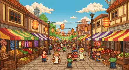 Vibrant Pixel Art Depicting a Thriving Marketplace Scene with Crowds