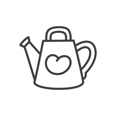 Cute watering can icon. Hand drawn monochrome illustration of a pot decorated with a heart isolated on a white background. Kawaii sticker. Vector 10 EPS.