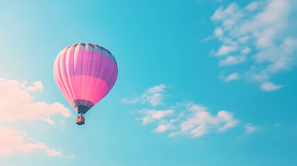 Obraz premium Pastel pink and purple hot air balloon floats in a clear blue sky with a few clouds. Crystalline Air. Illustration