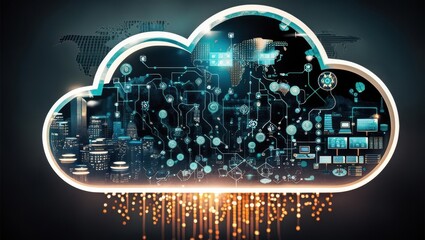 Fototapeta premium Futuristic Illustration of Cloud Computing Network Integrating with Data Centers Across Cities and Countries, Symbolizing Global Data Exchange and Virtualization Technology.