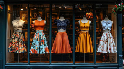 Naklejka premium Vibrant display of skirts in boutique window showcases styles for various occasions
