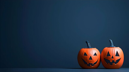 Two Orange Halloween Jack-O-Lanterns Dark Blue Background
