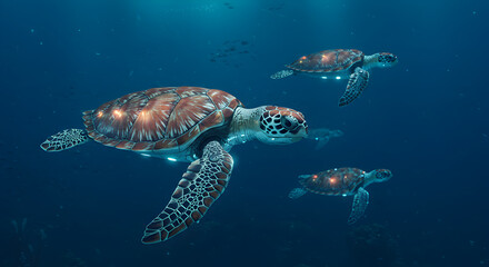 Fototapeta premium Futuristic oceanic exploration, robotic sea turtles navigating deep blue depths