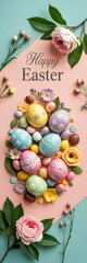 Fototapeta premium Elegant Pastel Easter Eggs Decorated with Delicate Floral Designs Arranged on Soft Peach Background with Chocolate Candies Green Leaves Spring Flowers Perfect for Easter Holiday Visuals Background