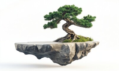 Fototapeta premium Bonsai tree on floating rock island, serene nature, minimalist design