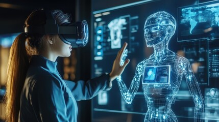 Woman interacting with a holographic human model using virtual reality