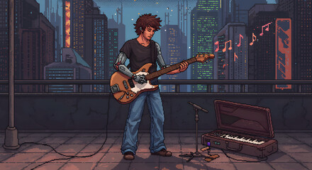 Obraz premium Pixel Art Cyberpunk Musician Performing on a Rooftop with Futuristic Cityscape