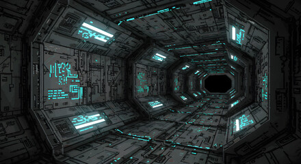 Obraz premium Pixel Art Space Station Corridor with Glowing Displays and Intricate Details