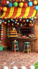 Colorful candy shop exterior, festive decorations, charming ambiance, potential stock photo