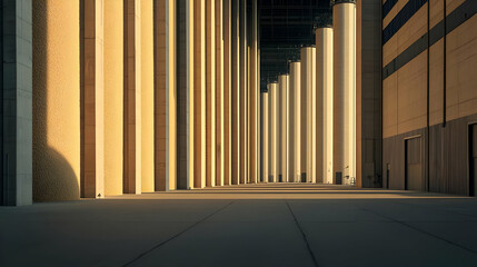 Fototapeta premium Sunlit Empty Industrial Corridor With Columns
