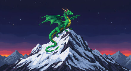 Majestic pixel art dragon surveys its kingdom from a snowy mountain peak