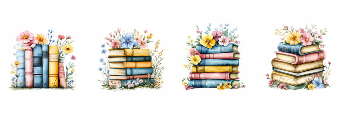 Watercolor stacks of books with flowers vintage illustration