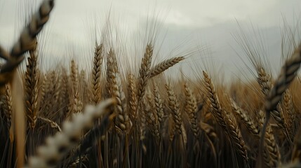 Fototapeta premium Close-up of ripe wheat ears in a field under an overcast sky, emphasizing texture and detail. 