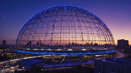 Obraz premium A large glass dome with a blue light on top, suitable for use in architectural or scientific illustrations