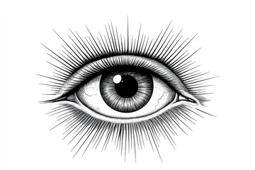 A detailed black and white drawing of a human eye with radiating lines in a vintage engraving style, reminiscent of Masonic symbolism.