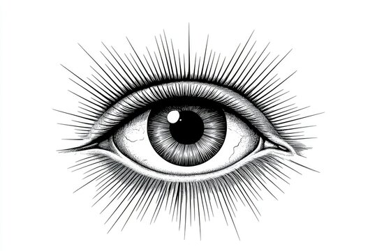 A detailed black and white drawing of a human eye with radiating lines in a vintage engraving style, reminiscent of Masonic symbolism.