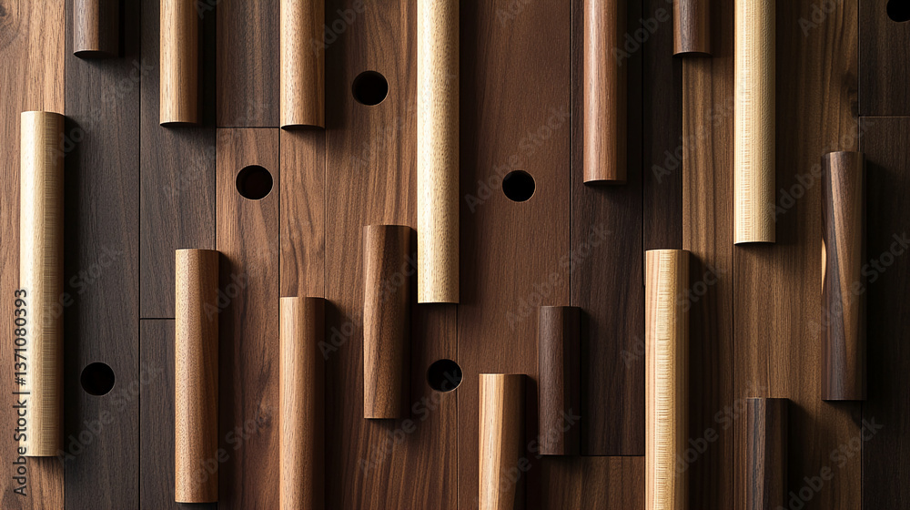 Poster Abstract wood texture background showcasing cylindrical and rectangular wood pieces arranged on wooden surface creating modern and geometric design ideal for interior design or architectural concept