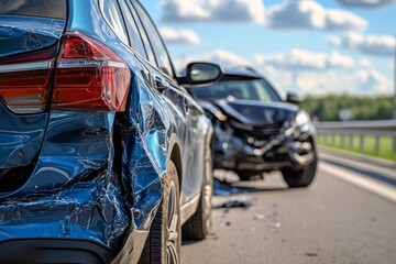 Close up of a blue car and black suv after a summer road accident showcasing automotive damage