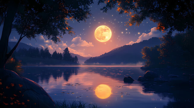 Calm picture highlights gentle shine of moon as it lights up quiet river forming a restful and mirroring ambiance. Faint Luster. Illustration