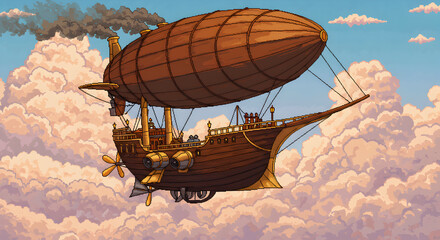 Obraz premium Pixel art steampunk airship gracefully navigating through a fluffy cloudscape fantasy
