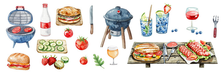 Summer picnic and grilling watercolor illustration
