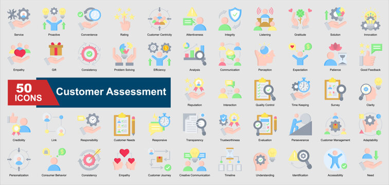 Customer Assessment Icon Collection Set. Service, Proactive , Convenience, Rating, Credibility, Responsibility, Customer Needs cash icon. Flat Style Vector Ilustration