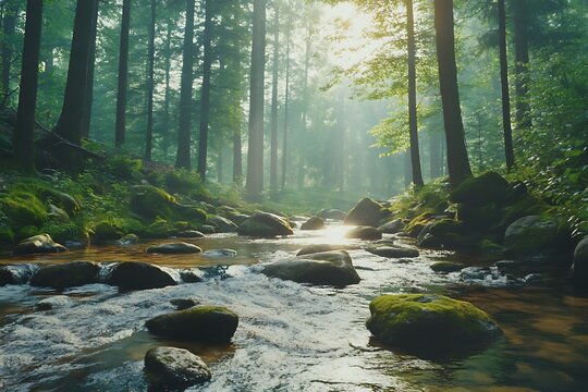 A tranquil forest stream with smooth rocks and moss, surrounded by tall trees and gentle sunlight - Powered by Adobe