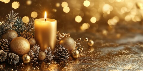 Golden candle surrounded by festive decorations in a cozy holiday setting during the winter season