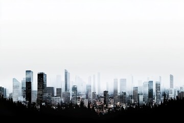 Urban landscape depicted in a monochrome city skyline, showcasing contrast, on a white or clear surface with a transparent  background