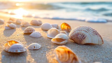 A stunning collection of colorful seashells scattered across the sandy beach shoreline